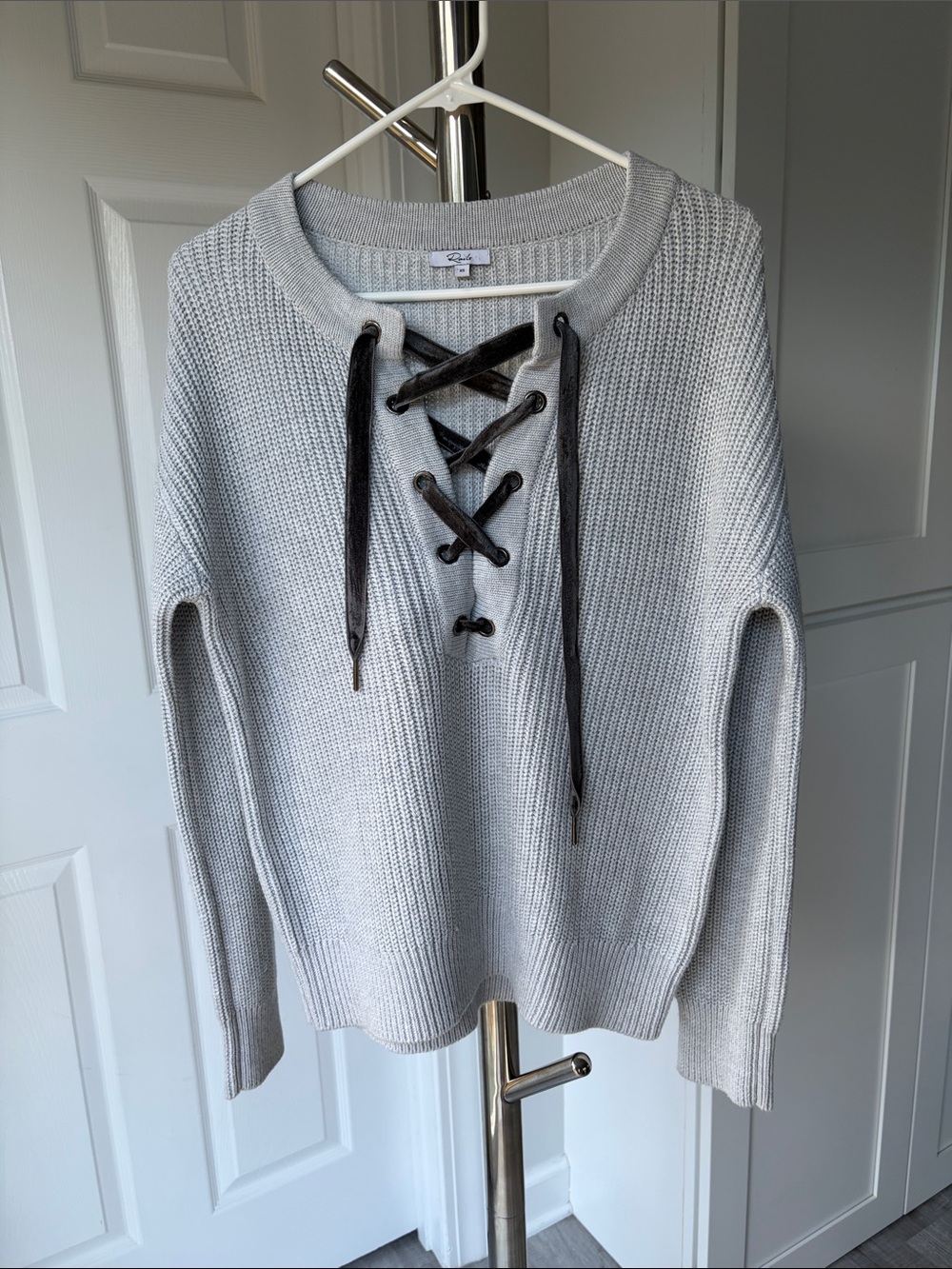 Rails Olivia Heather Grey  Lace-Up Crewneck Sweater, Size XS.